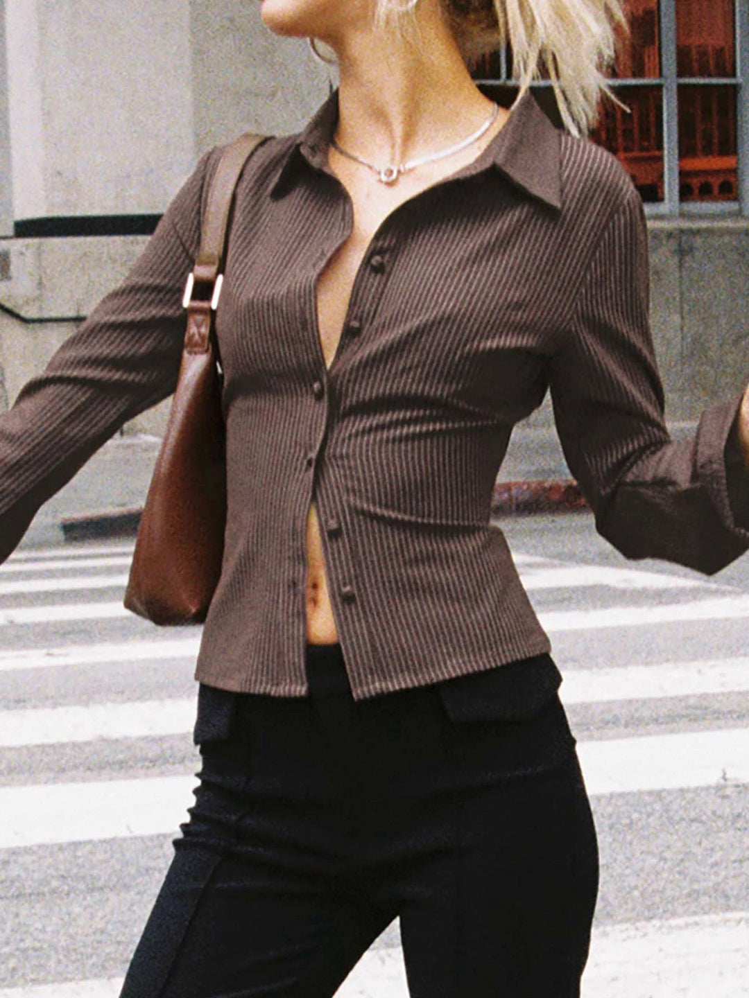 Flared Sleeve Collared Button Top in Brown — VerolynBoutique
