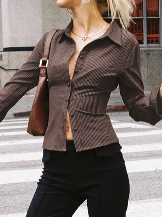 Flared Sleeve Collared Button Top in Brown — VerolynBoutique