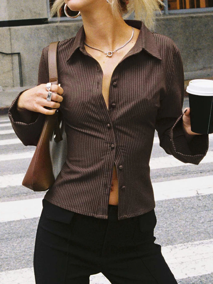 Flared Sleeve Collared Button Top in Brown — VerolynBoutique