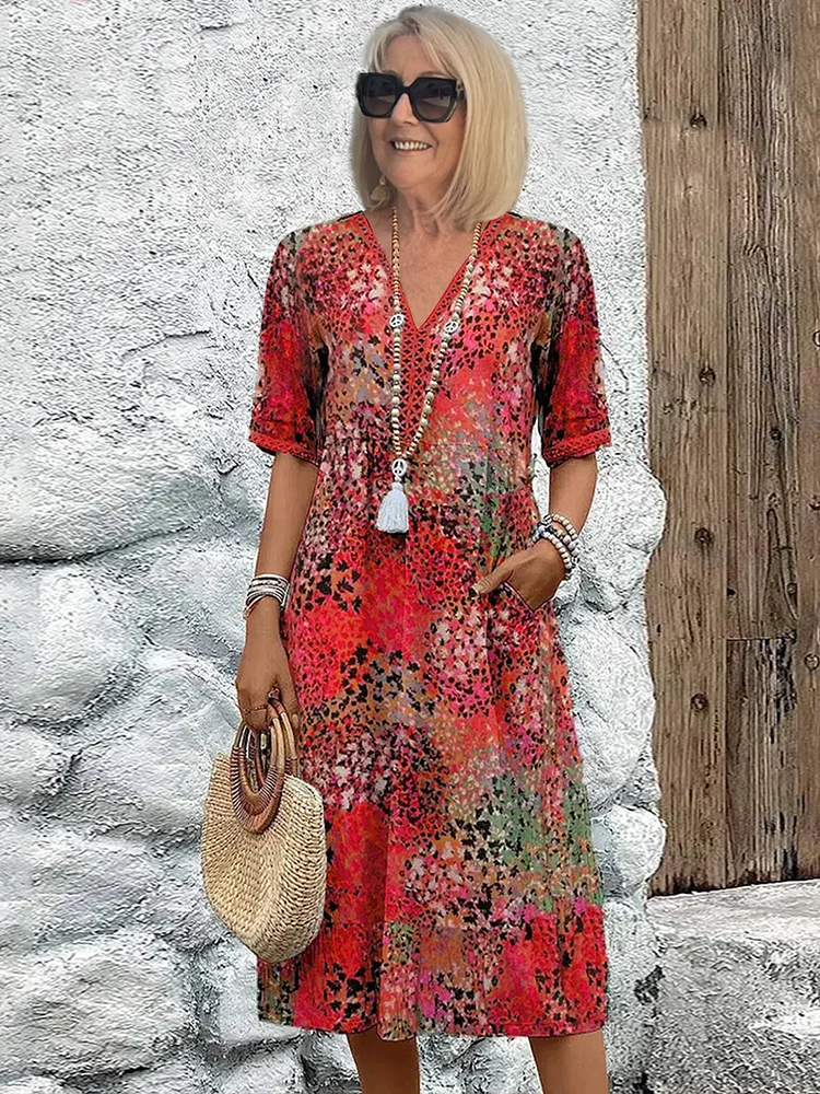 Tiered Print Midi Dress in Red — VerolynBoutique