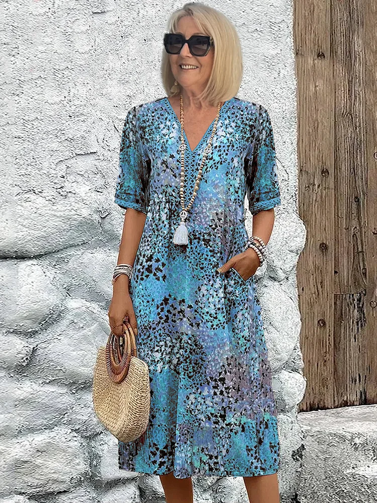 Tiered Print Midi Dress in Sky Blue — VerolynBoutique