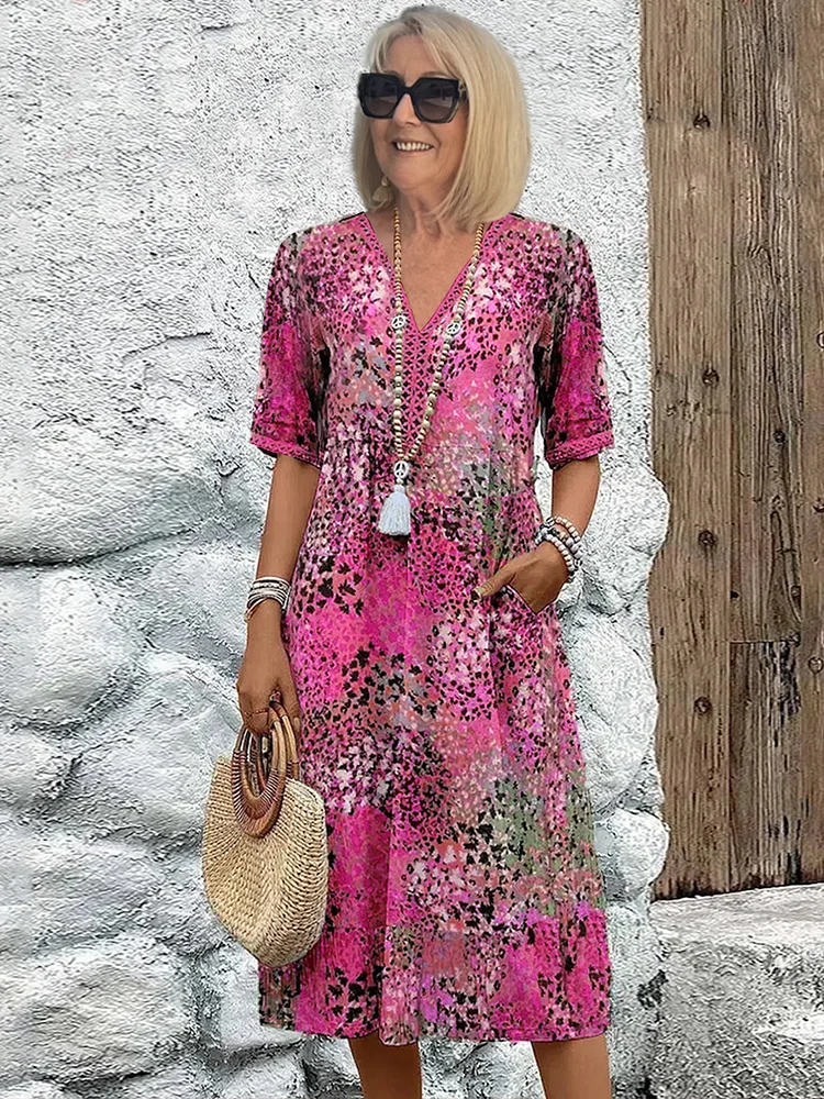 Tiered Print Midi Dress in Pink — VerolynBoutique