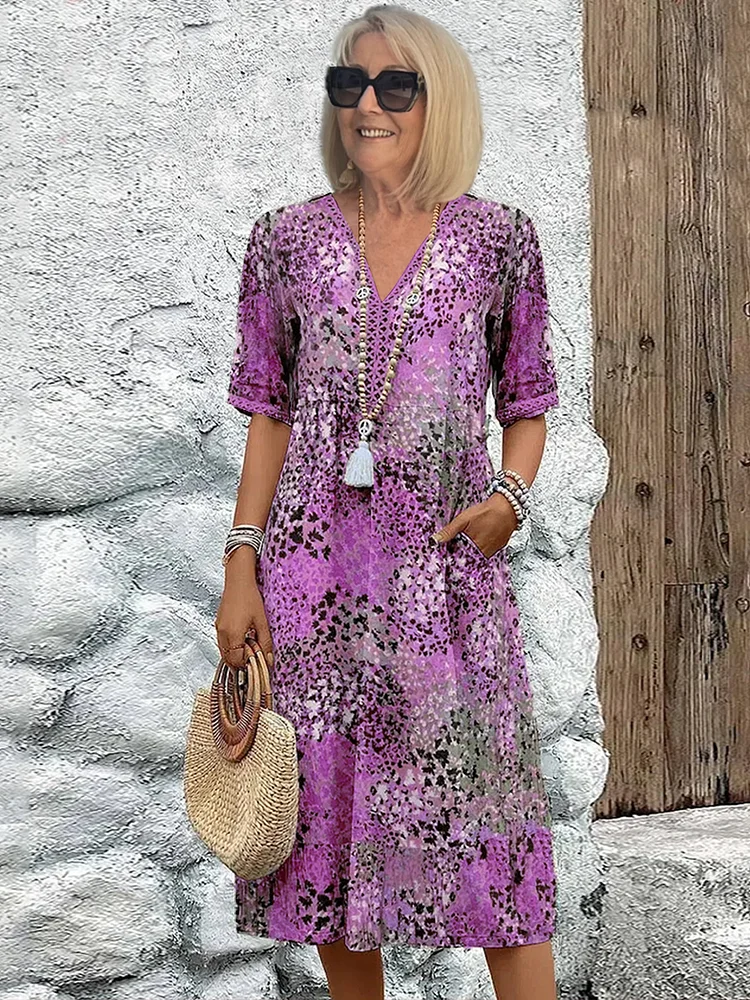Tiered Print Midi Dress in Purple — VerolynBoutique