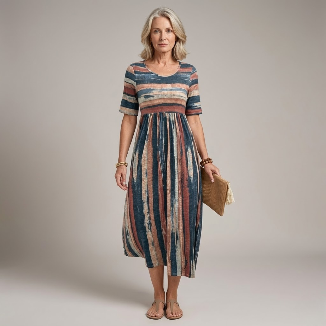 Striped Short Sleeve Midi Dress in Multicolour — VerolynBoutique