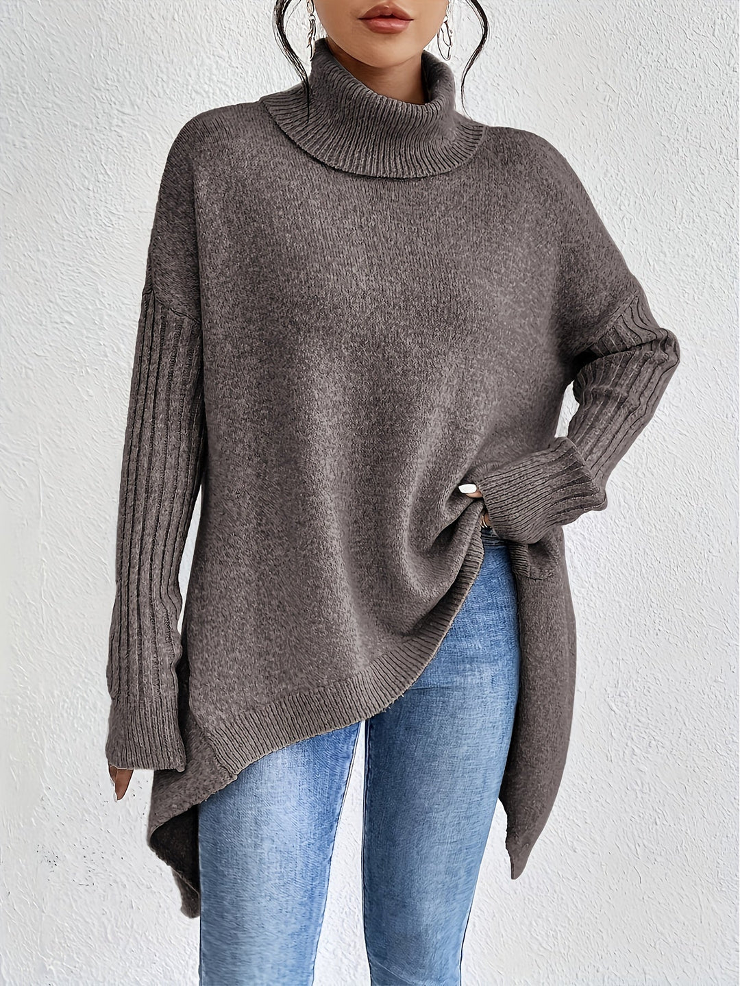 Asymmetric Hem Turtleneck Jumper in Brown — VerolynBoutique