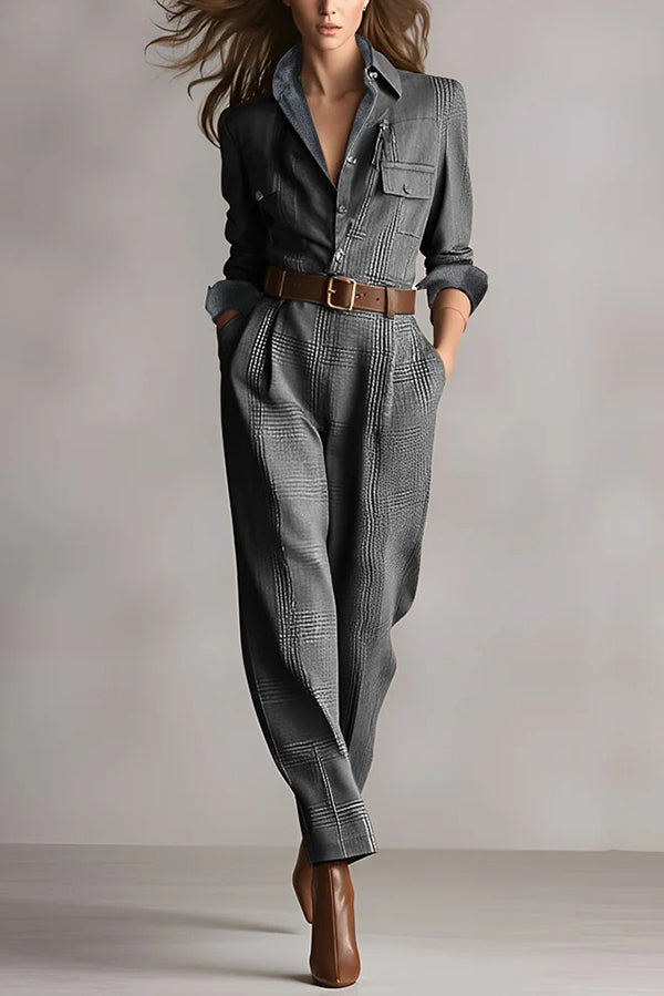 Belted Check Shirt Jumpsuit in Grey — VerolynBoutique
