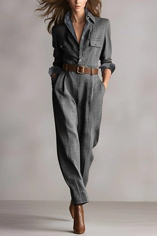 Belted Check Shirt Jumpsuit in Grey — VerolynBoutique