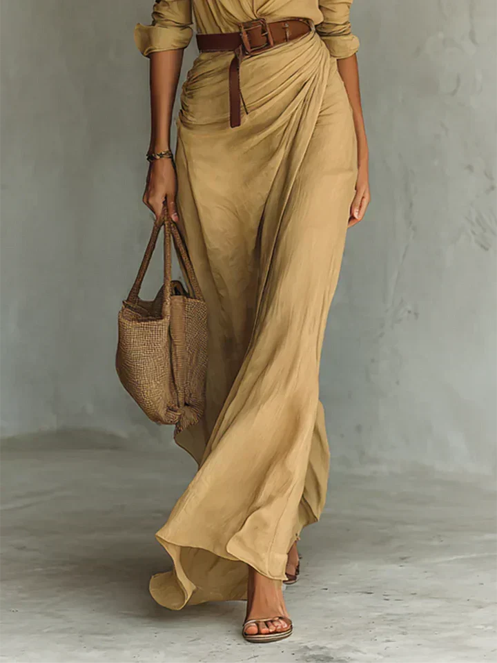Lapel Wrap Belted Maxi Dress in Khaki — VerolynBoutique