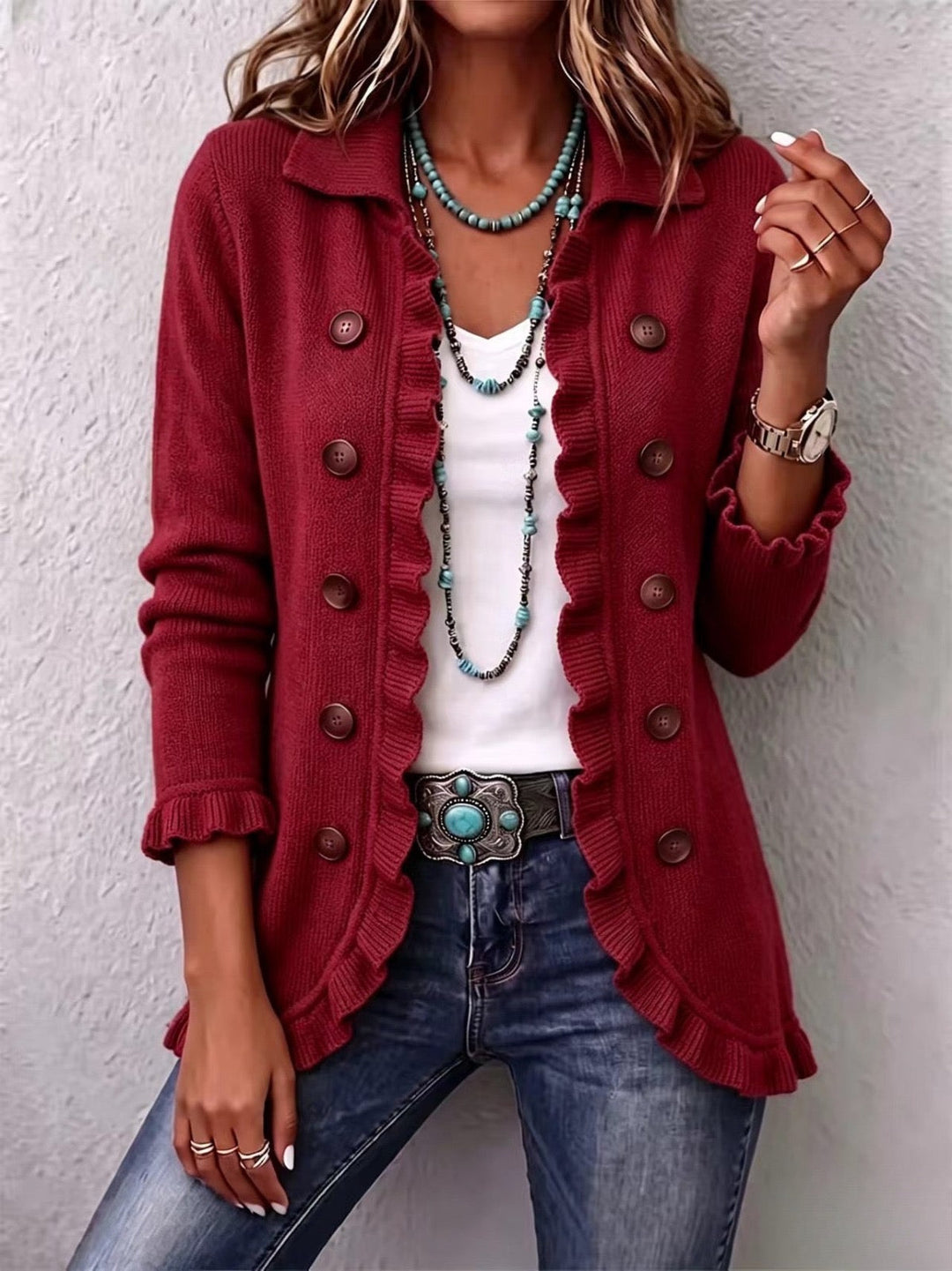 Verolyn ruby red ribbed ruffle jacket in ruby red