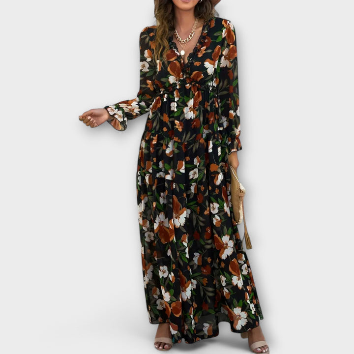 Floral V-Neck Tiered Maxi Dress in Black — VerolynBoutique