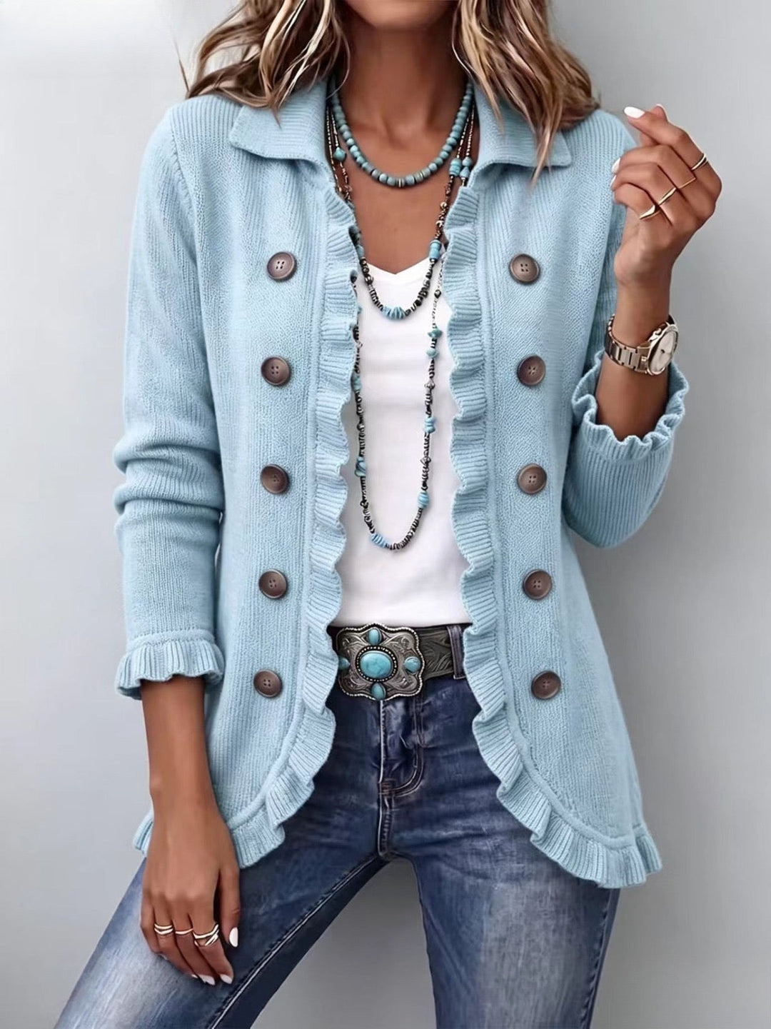 Verolyn powder blue ribbed ruffle jacket in powder blue