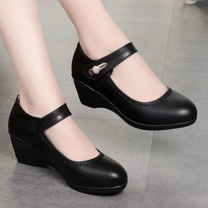 Low Wedge Mary Jane Shoes in Black — VerolynBoutique