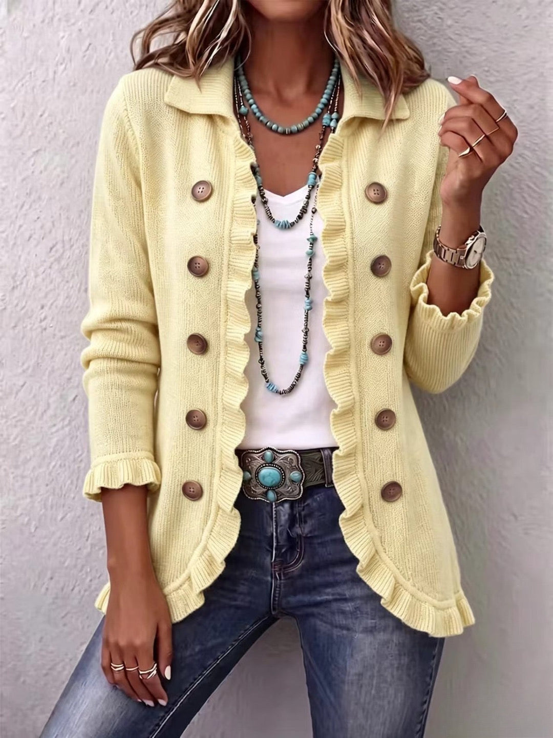 Verolyn cream ribbed ruffle jacket in cream