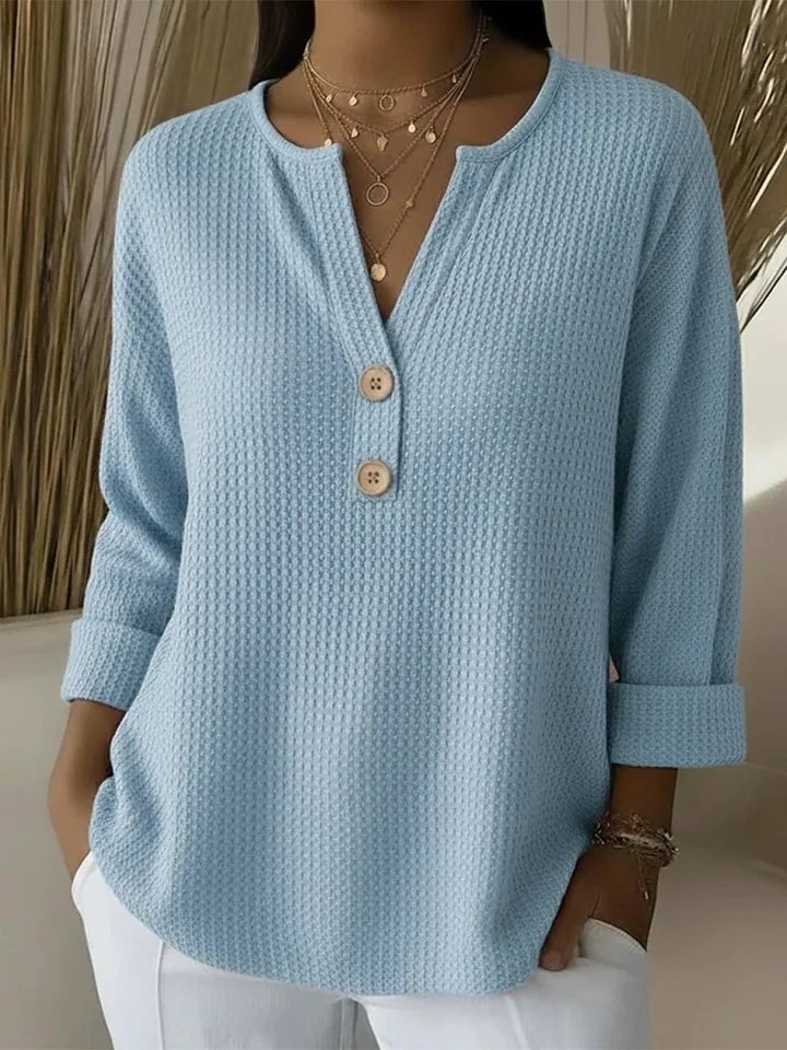 Verolyn waffle henley three-quarter sleeve top in sky blue