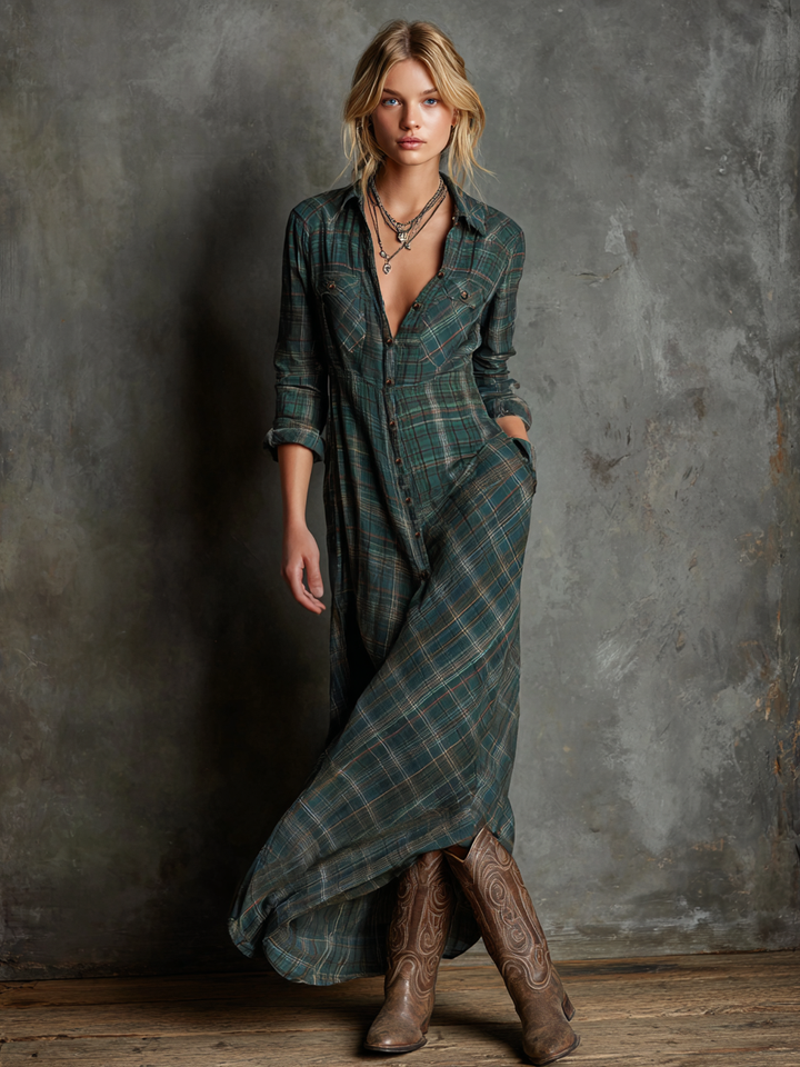 Plaid Button-Front Maxi Shirt Dress in Green — VerolynBoutique