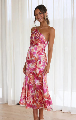 Floral One-Shoulder Satin Gown in Pink — VerolynBoutique