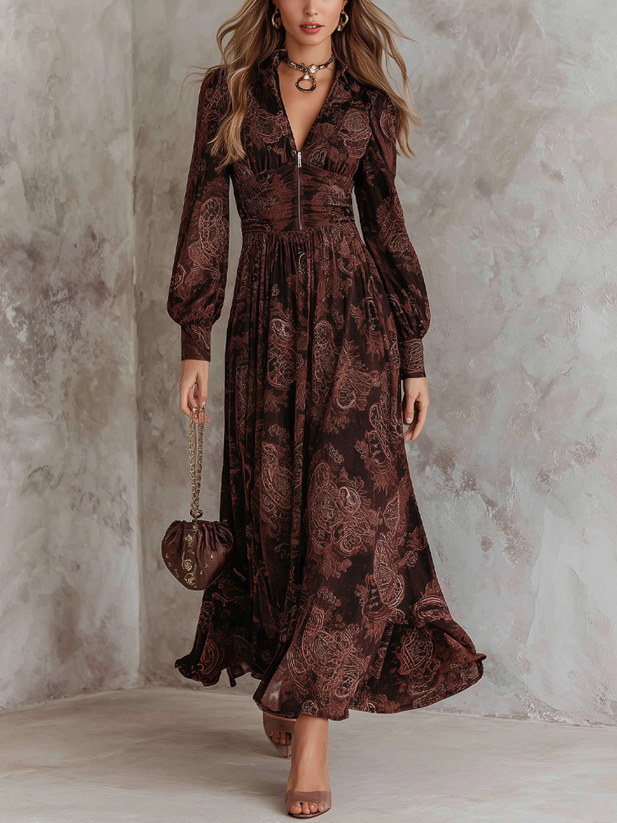 Paisley Zip-Front Maxi Dress in Brown Paisley — VerolynBoutique