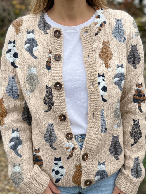 Verolyn cosy cat print knit cardigan in beige