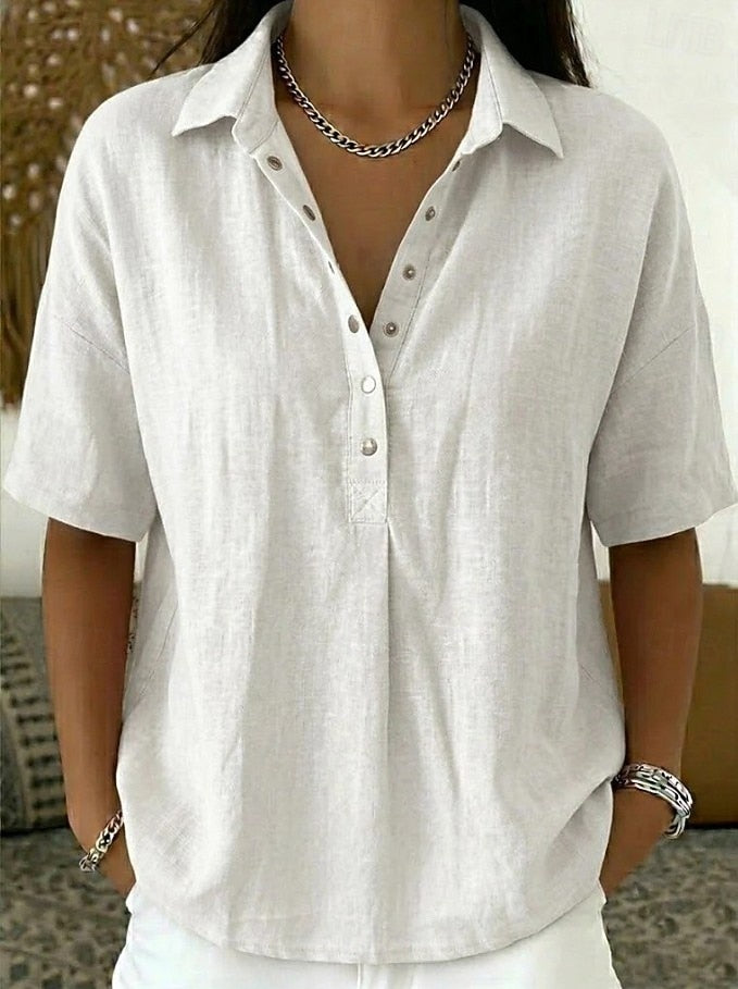 Relaxed Collared Button Blouse in White — VerolynBoutique