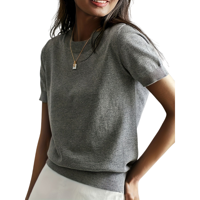 Ribbed Hem Round Neck Top in Grey — VerolynBoutique