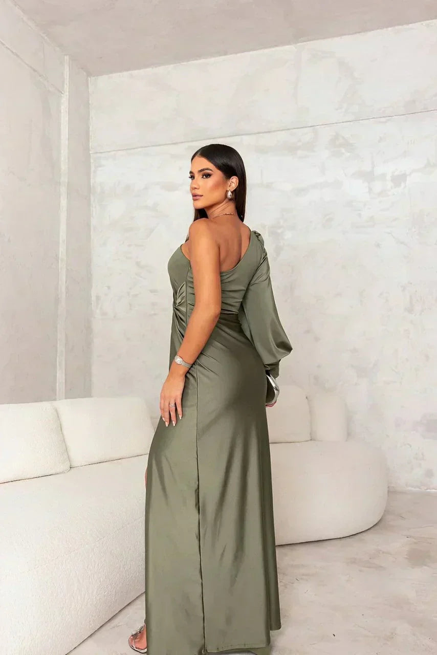 One-Shoulder Draped Evening Gown in Green — VerolynBoutique