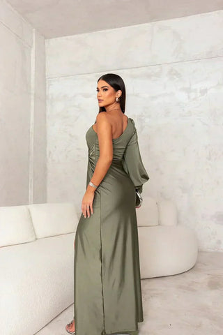 One-Shoulder Draped Evening Gown in Green — VerolynBoutique