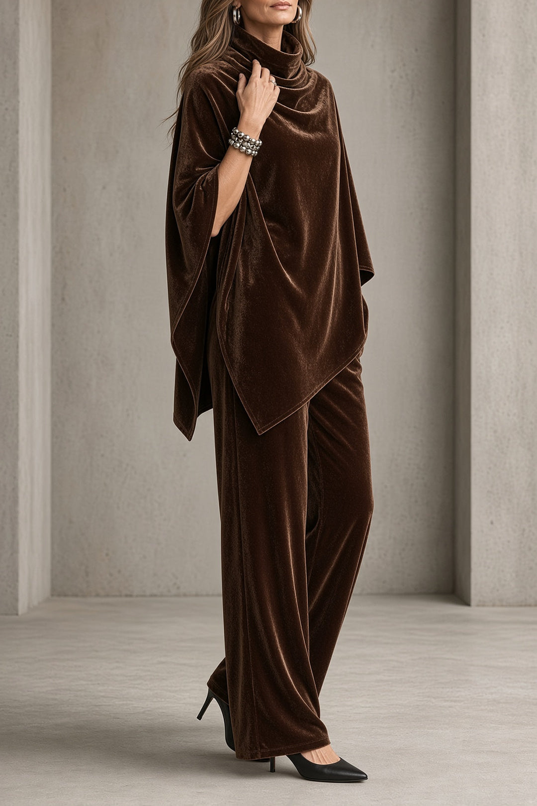 Cowl Neck Poncho Trouser Set in Brown — VerolynBoutique