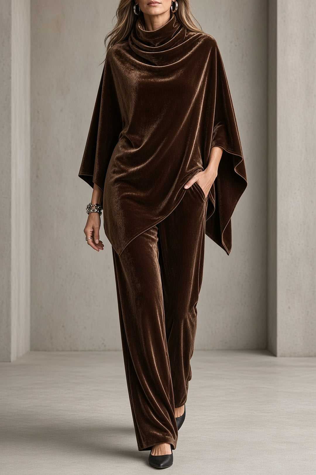 Cowl Neck Poncho Trouser Set in Brown — VerolynBoutique
