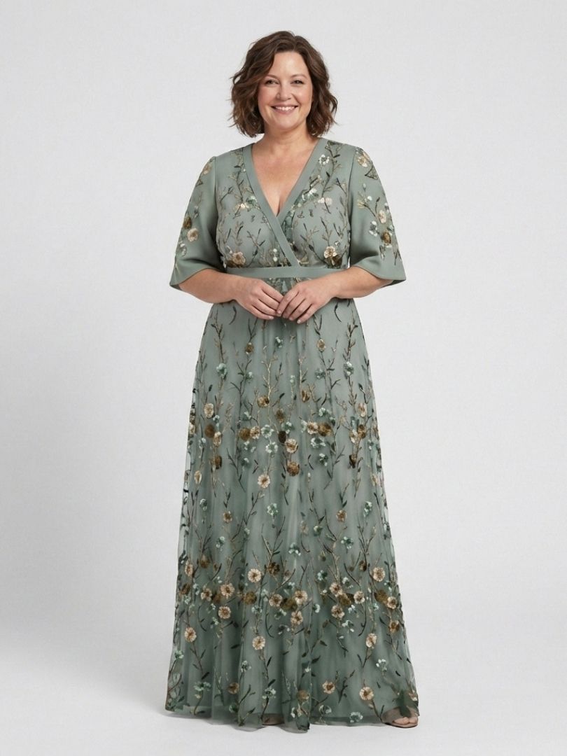 Floral Mesh V-Neck Maxi Dress in Green — VerolynBoutique