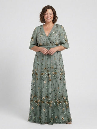 Floral Mesh V-Neck Maxi Dress in Green — VerolynBoutique