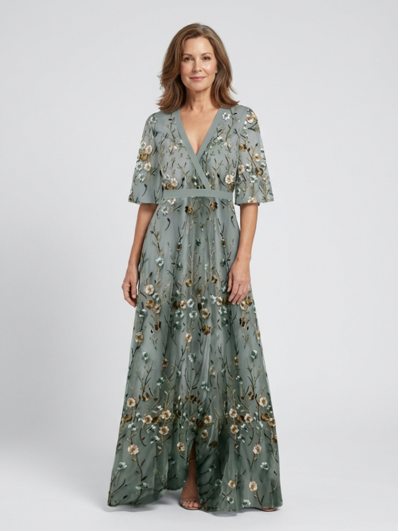 Floral Mesh V-Neck Maxi Dress in Green — VerolynBoutique