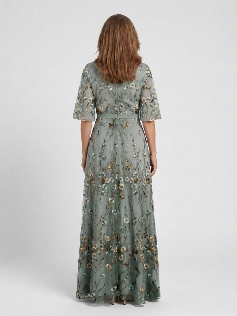 Floral Mesh V-Neck Maxi Dress in Green — VerolynBoutique