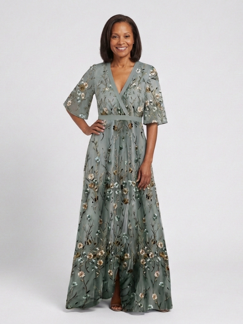 Floral Mesh V-Neck Maxi Dress in Green — VerolynBoutique