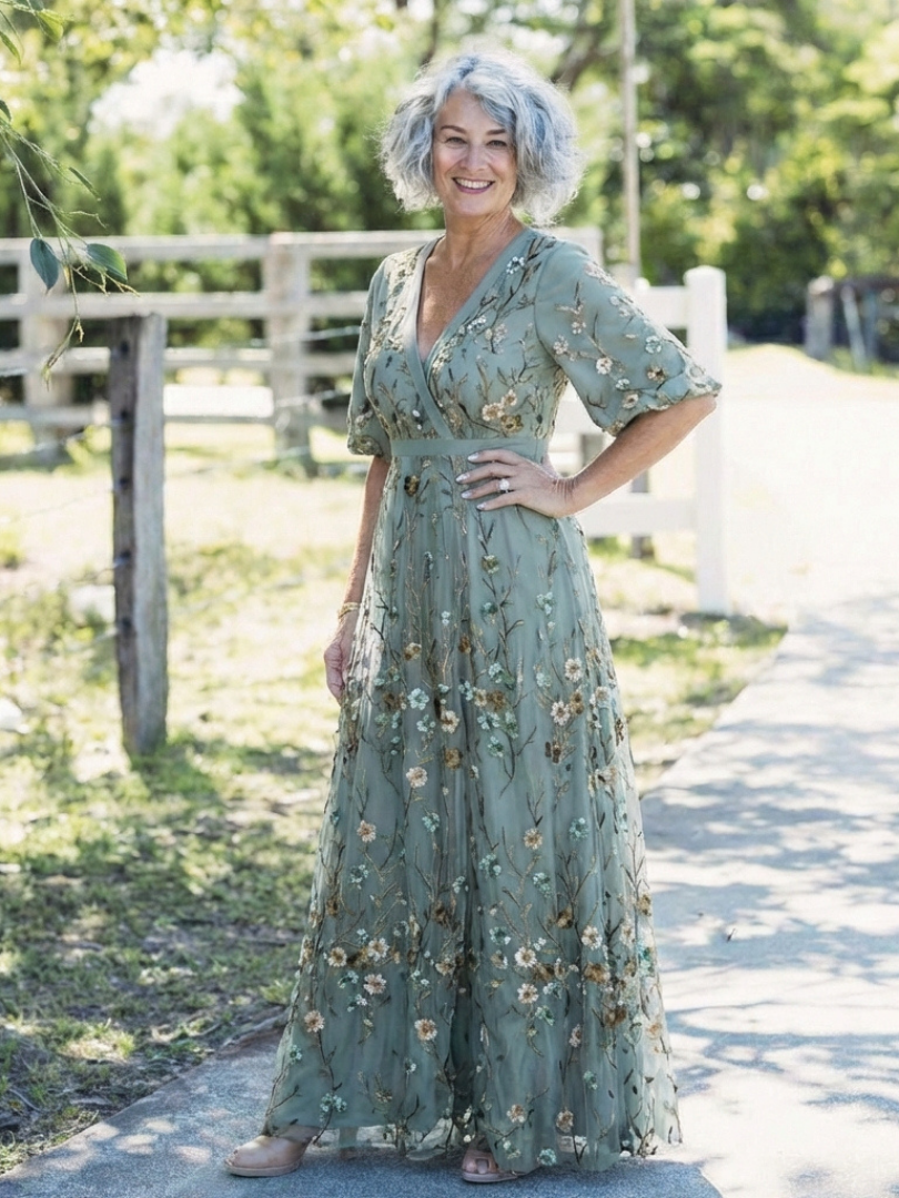 Floral Mesh V-Neck Maxi Dress in Green — VerolynBoutique