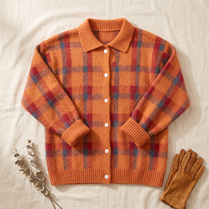 Verolyn Olivia plaid knit cardigan in orange – view 3