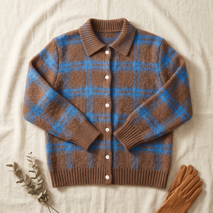Verolyn Nancy plaid knit cardigan in chocolate brown – view 3