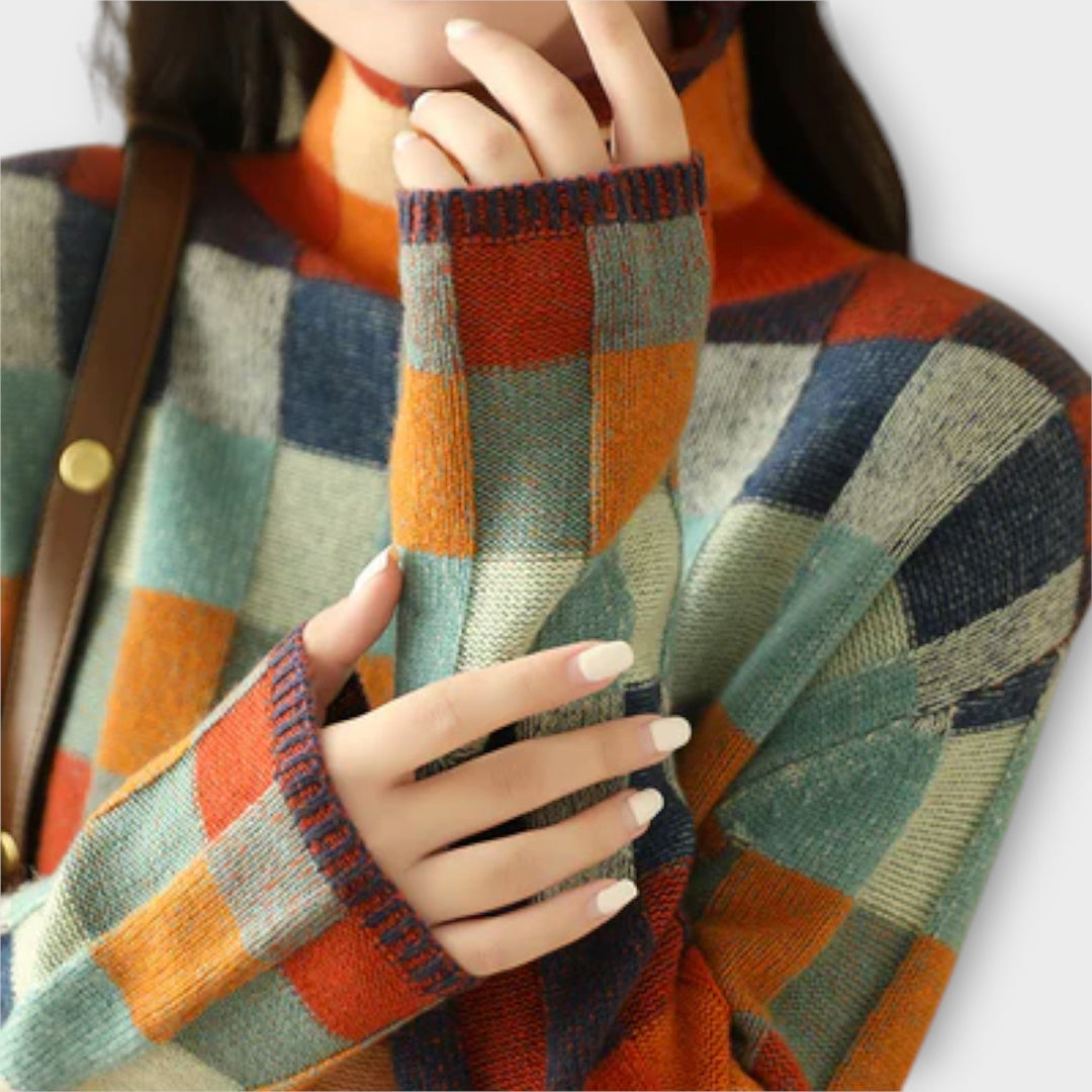 Patchwork Check Turtleneck Jumper in Multicolour — VerolynBoutique