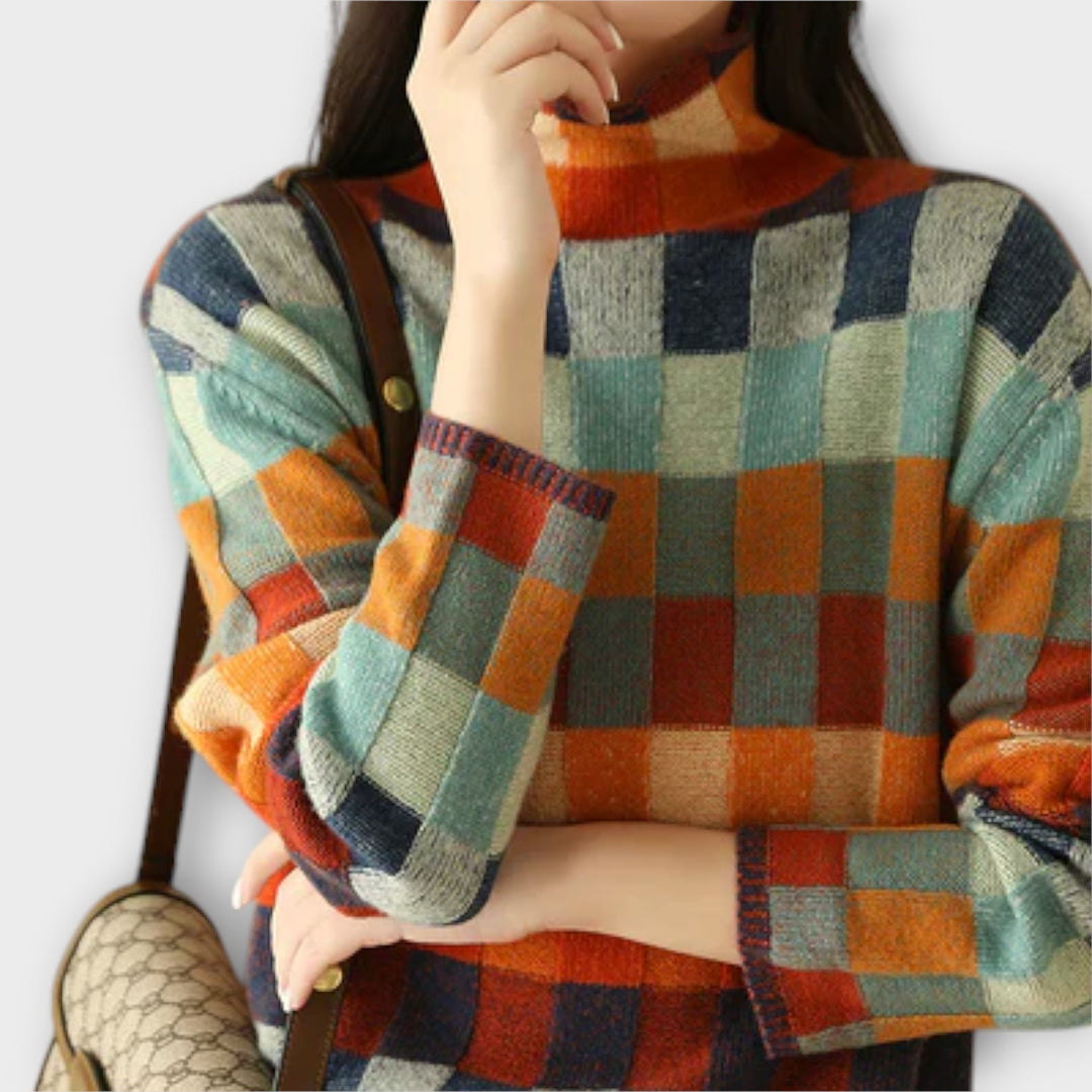 Patchwork Check Turtleneck Jumper in Multicolour — VerolynBoutique