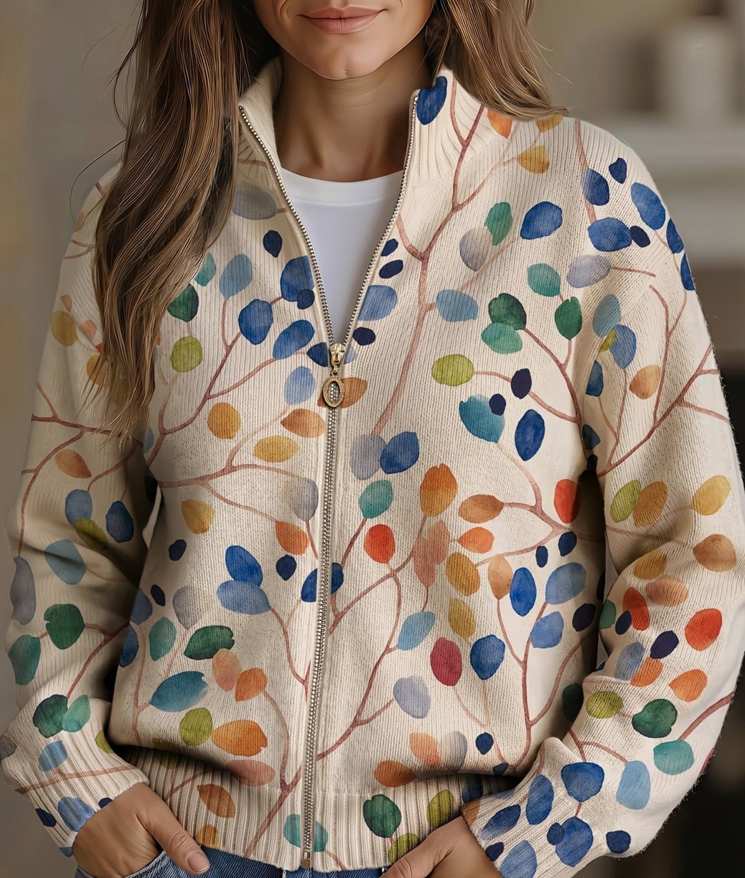 Verolyn botanical leaf zip cardigan in multicolour