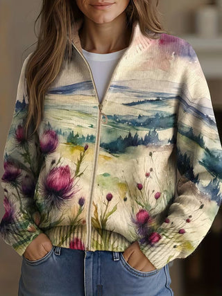 Verolyn scottish thistle zip cardigan in soft blue