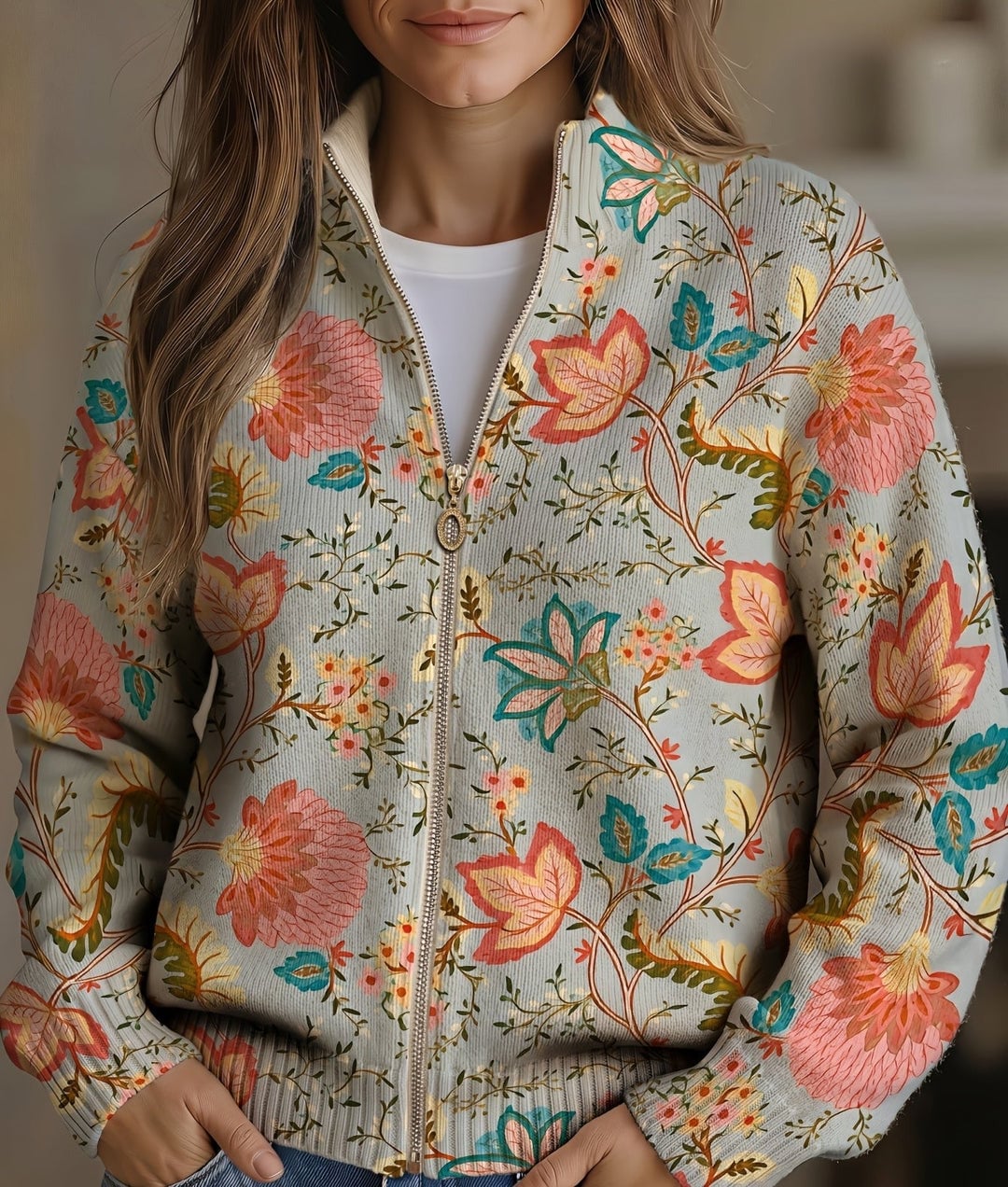 Verolyn vintage garden floral zip cardigan in grey