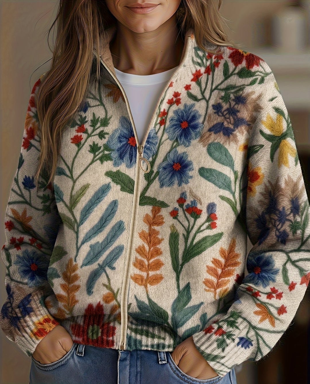 Verolyn botanical garden zip cardigan in cream
