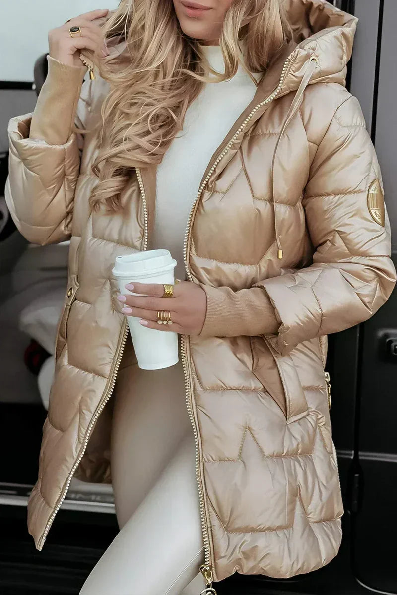 Hooded Quilted Puffer Coat in Beige — VerolynBoutique