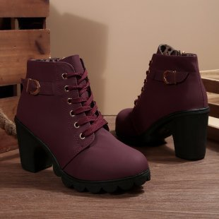 Buckle Lace-Up Ankle Boots in Burgundy — VerolynBoutique