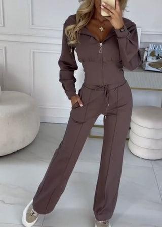 Cropped Hooded Jacket Trouser Set in Brown — VerolynBoutique