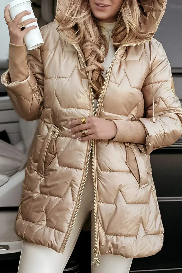 Hooded Quilted Puffer Coat in Beige — VerolynBoutique
