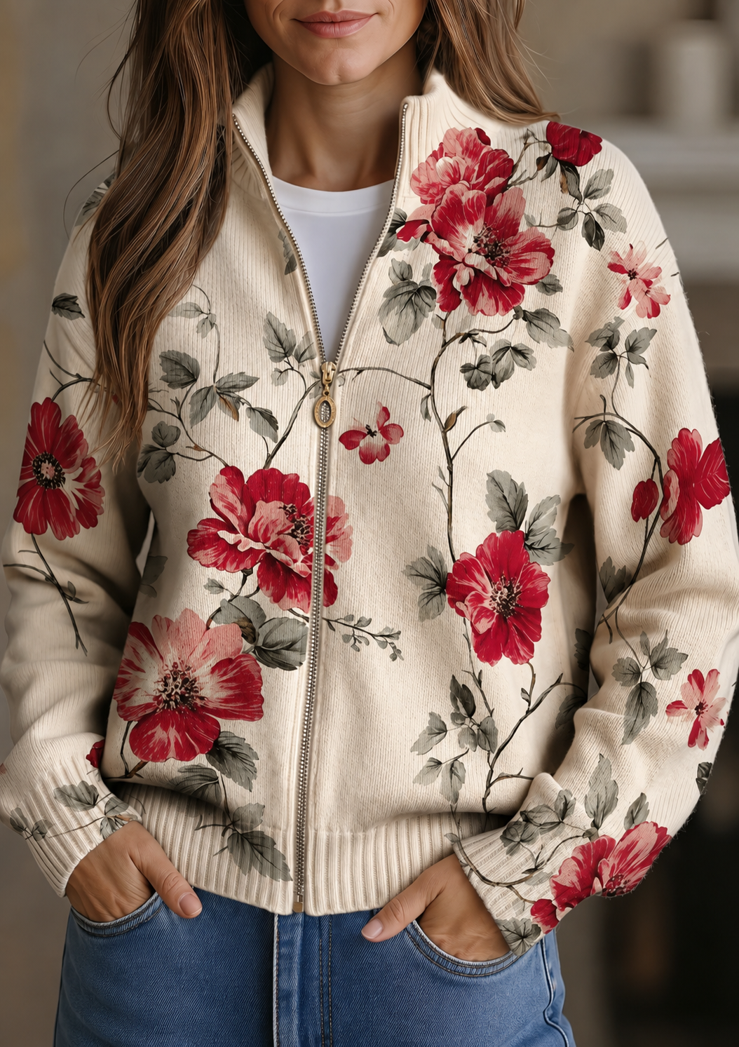 Verolyn vintage rose print zip cardigan – view 2