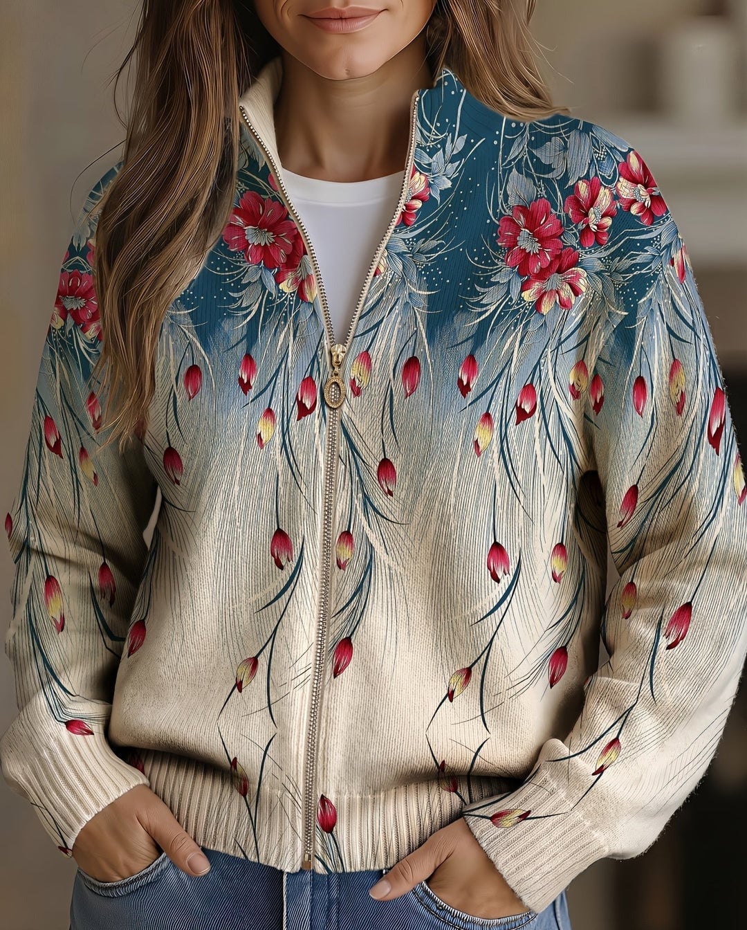 Verolyn peacock ombre floral zip cardigan – view 2