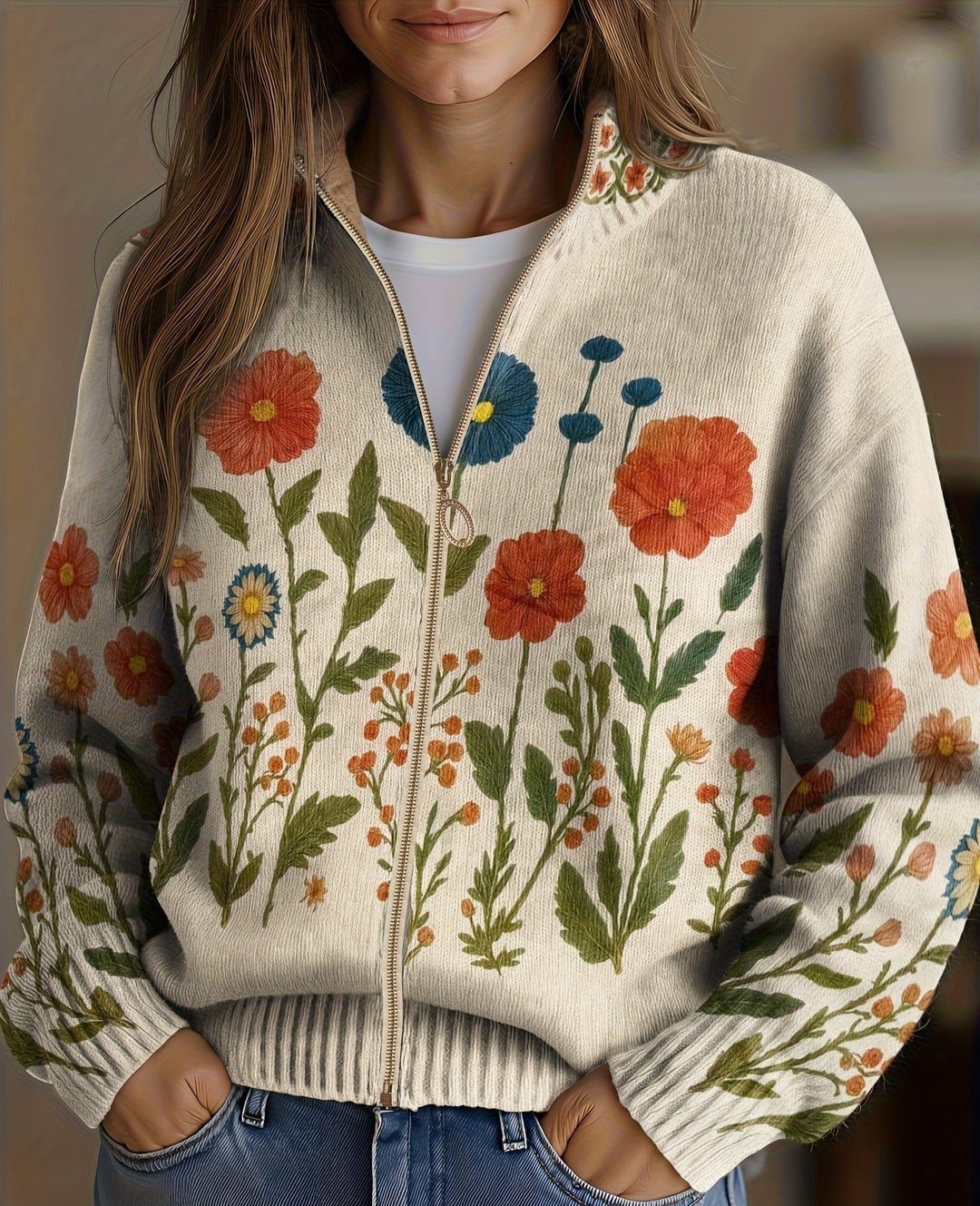 Verolyn wildflower meadow zip cardigan in oatmeal