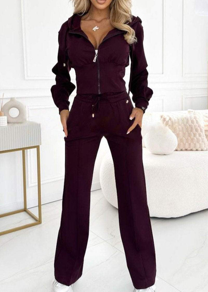Cropped Hooded Jacket Trouser Set in Burgundy — VerolynBoutique